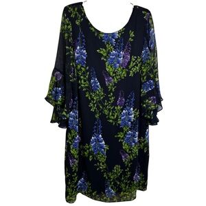 Chico's Floral Black Dress colorful print cottagecore tired flared sleeves XL
